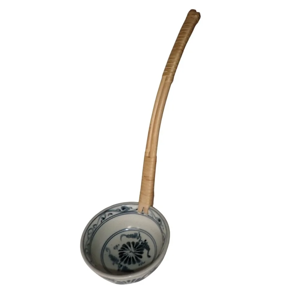 Vintage Blue and White Ceramic Water Ladle with Bamboo Handle